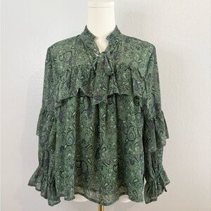 Lucky Brand Green Paisley Ruffle Peasant Blouse Top Size Medium